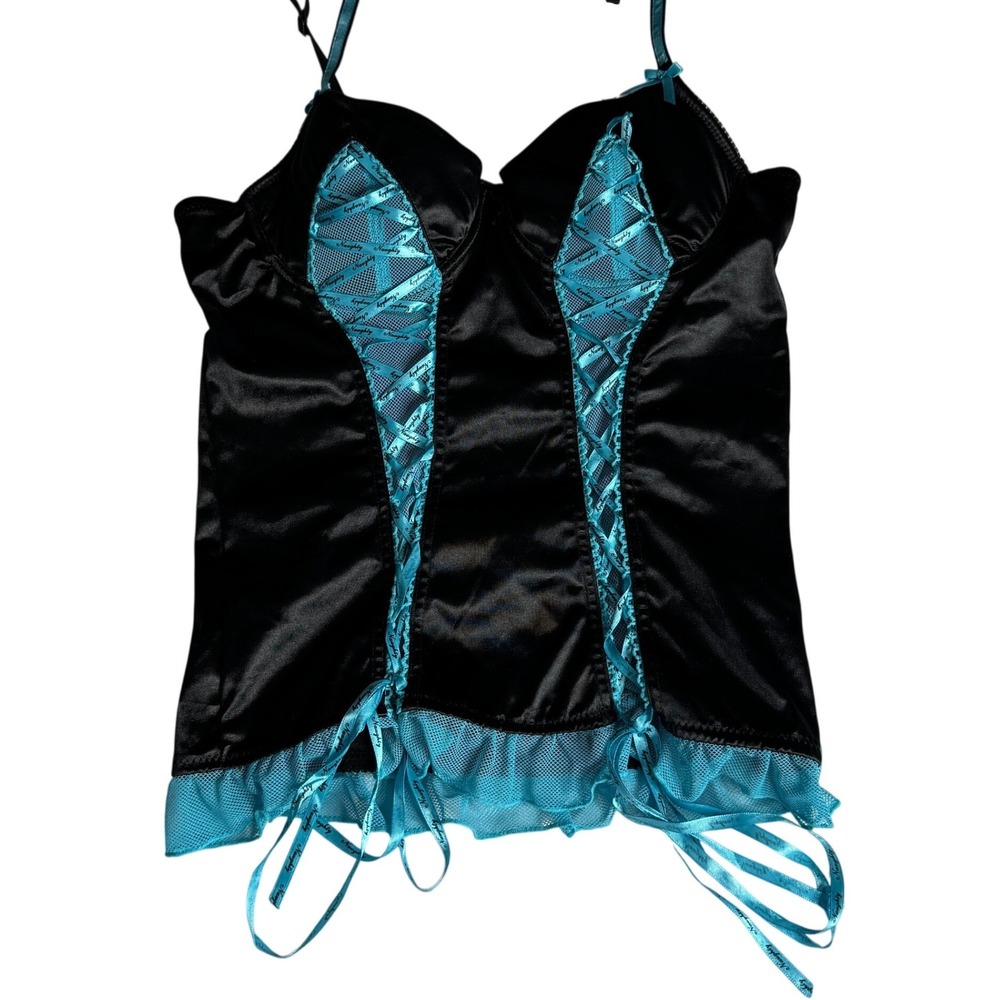 Native Intimates Satin Corset Top Lace Up Naughty Ribbon Black Blue Womens 36B M